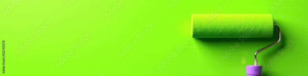 Obraz premium Lime green wall paint application, roller close-up, roller, spring, latex