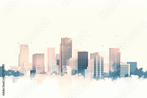 A City Skyline Watercolor Painting Depicts Modern Architecture