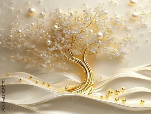 a stylized golden tree with pearl like decorations. The tree is growing from a series of golden beads and pearls.  The background of the image is a textured off-white surface.  