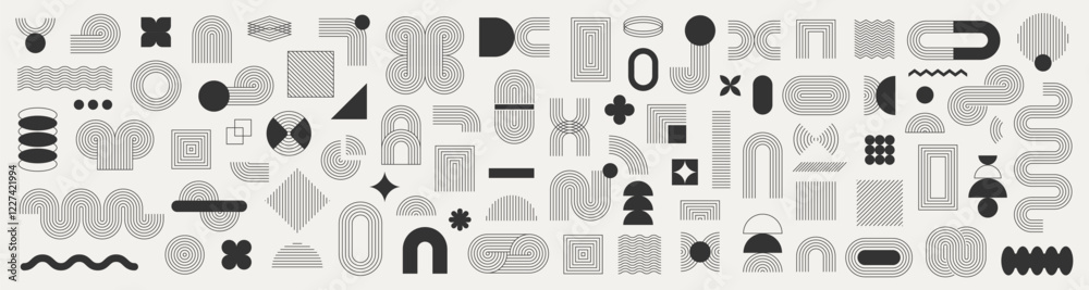 Set of abstract graphic element. Geometric shapes. Memphis design, sticker pack, y2k,  aesthetics, brutalism, retro elements, vintage. Vector illustration with wavy and zig zag elements.