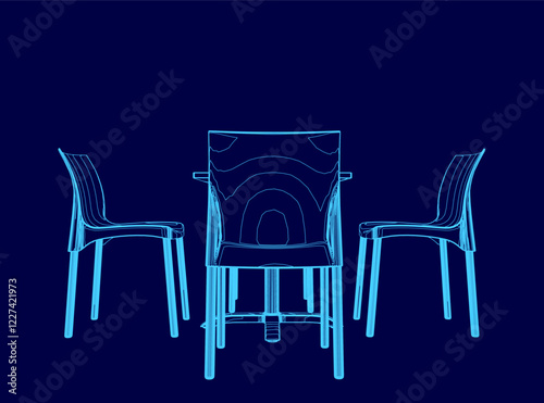 Blue chair is shown in front of two other chairs. The chairs are arranged in a row, with the blue chair in the middle. The image has a modern and minimalist feel