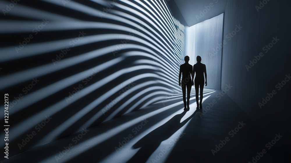 the shadows of two individuals walking through a dark tunnel walkway. the shadows of two individuals walking through a dark tunnel walkway.