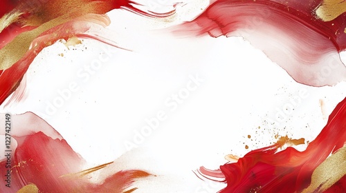 Abstract background with red and gold brush strokes on a white canvas creating a frame