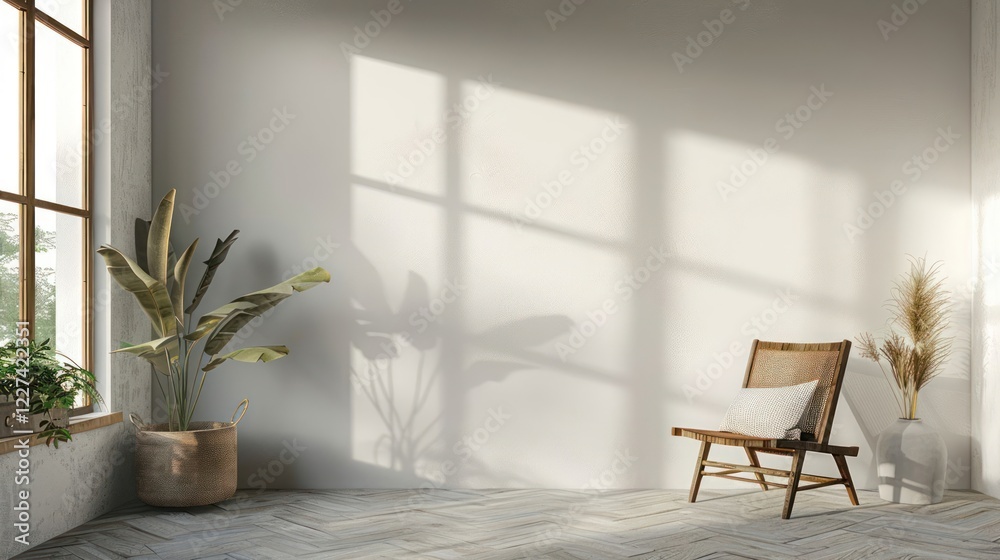 Fototapeta premium Modern minimalist interior featuring a sunlit corner with plants and a wooden chair, creating a serene atmosphere