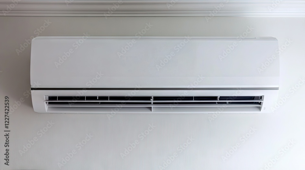 A sleek white air conditioner unit mounted on a modern living room wall, with a minimalist design and cozy furniture below. A sleek white air conditioner unit mounted on a modern living room wall, with a minimalist design and cozy furniture below.