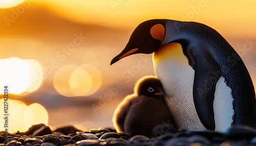 A tender moment between an emperor penguin and its fluffy chick, set against a beautiful sunset backdrop. photo