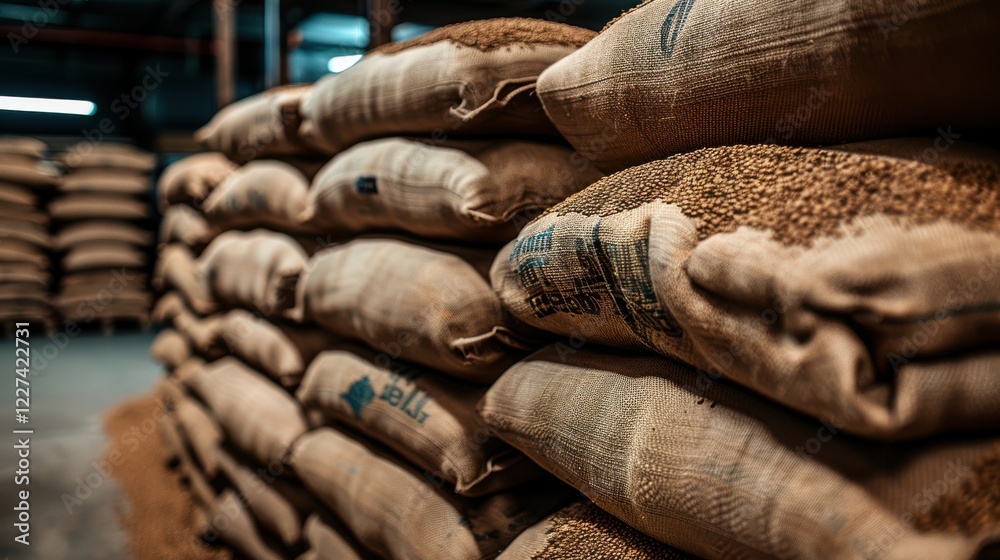 Fototapeta premium Stacks of burlap sacks filled with grains in a warehouse, dimly lit with industrial ambiance