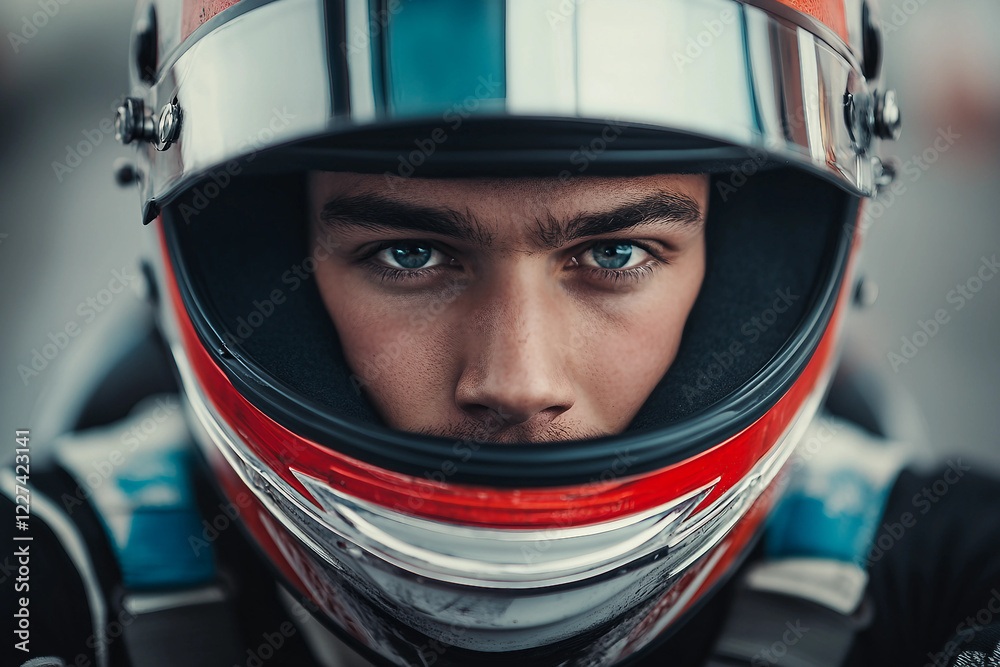 Intense portrait of a focused car racer in a helmet showcasing determination and speed, generative AI Intense portrait of a focused car racer in a helmet showcasing determination and speed, generative AI