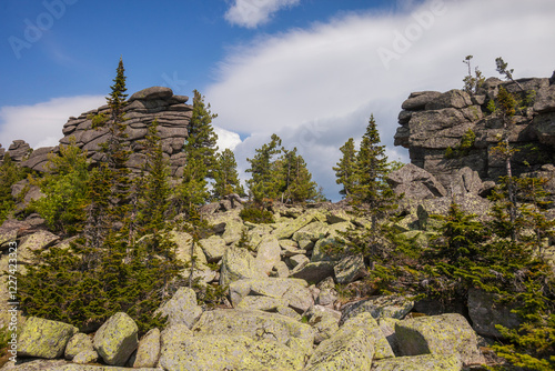 Remnants pillars, Mount Zelenaya. Sheregesh, Russia photo