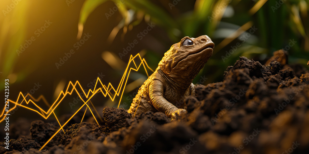 Obraz premium Toad Figurine in Soil with Ascending Line Graph