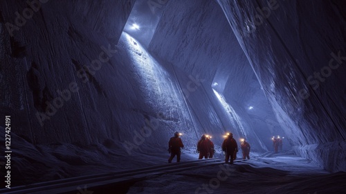 Miners in a Salt Mine Tunnel with Headlamps