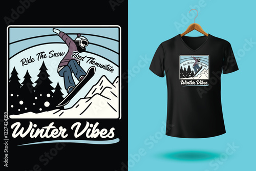 Winter sports t shirt design vector illustration, Snowboarder is having fun riding down a snowy mountainside in a cool, vintage style illustration. This design is perfect for winter sports enthusiasts