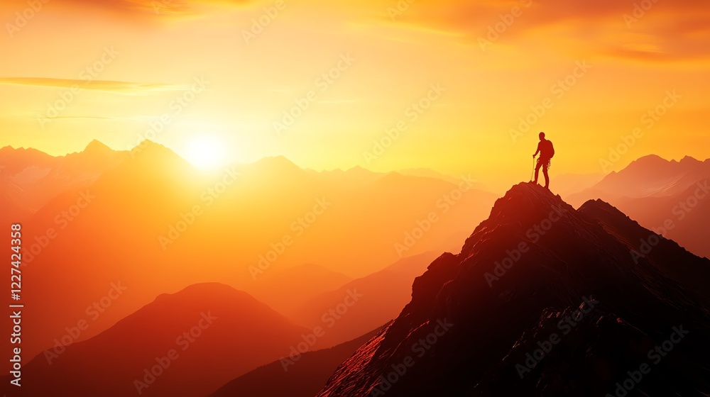 A lone hiker stands atop a majestic mountain, silhouetted against a breathtaking sunset, capturing the essence of adventure and tranquility. A lone hiker stands atop a majestic mountain, silhouetted against a breathtaking sunset, capturing the essence of adventure and tranquility.