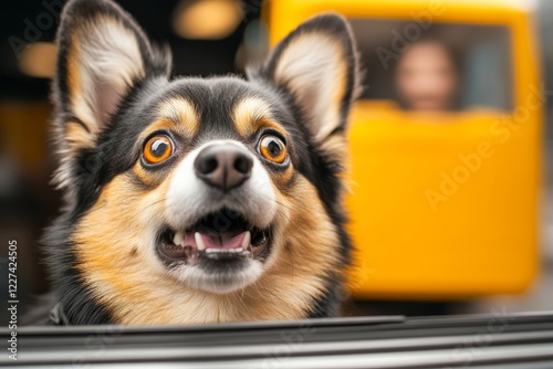 A dog barking at a delivery person, captured mid-action with an expression of agitation on both faces photo