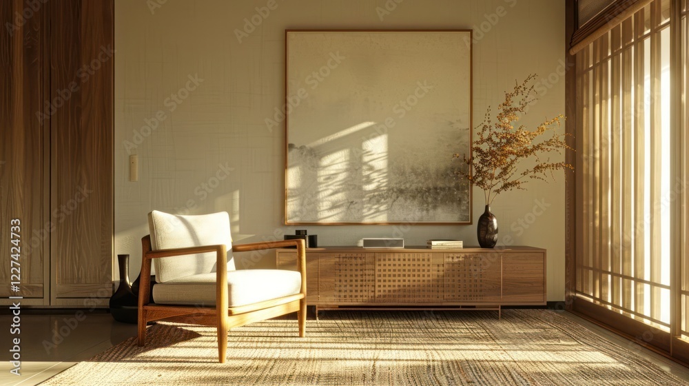 Fototapeta premium Cozy modern living room with natural light, minimalist decor, and serene atmosphere