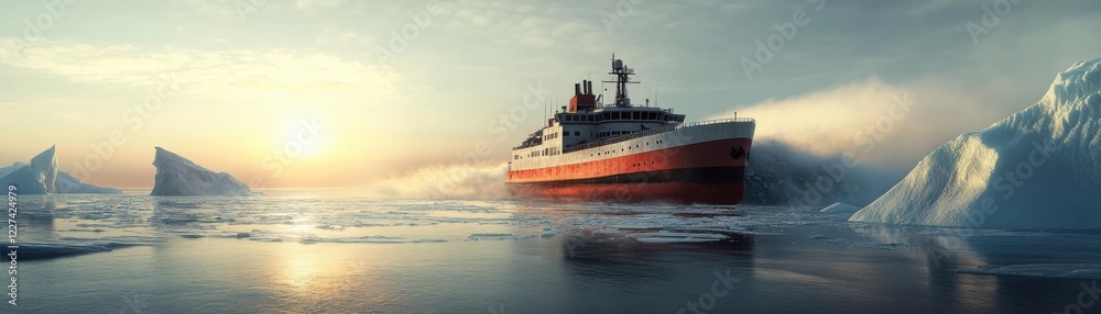 A majestic icebreaker ship navigating through icy waters at sunset. A majestic icebreaker ship navigating through icy waters at sunset.
