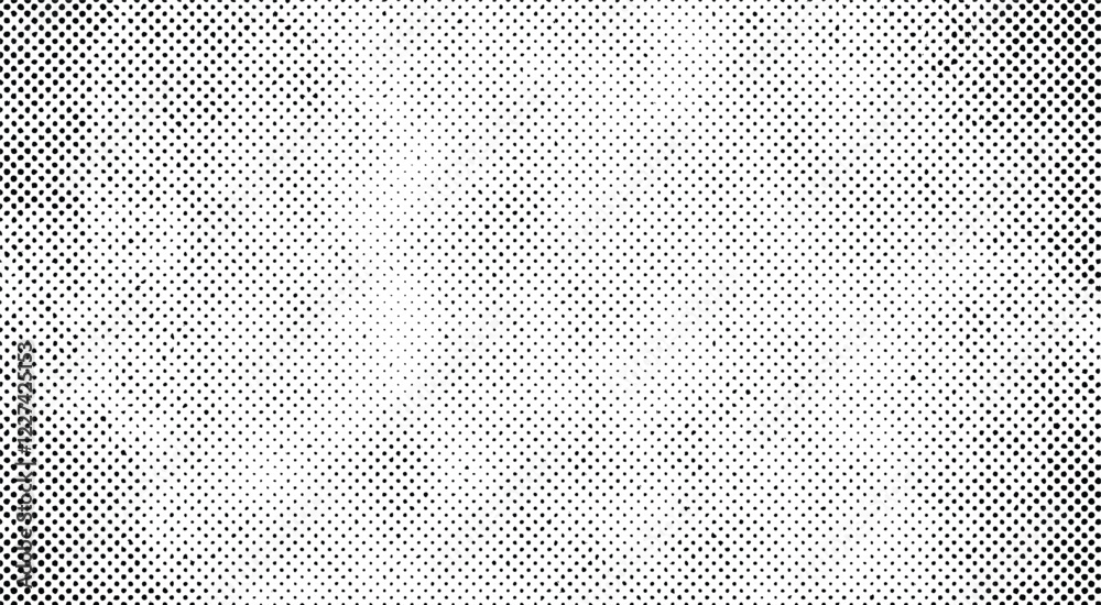 Vector halftone background with a black and white dotted subtle grunge vignette. Retro minimal backdrop design.