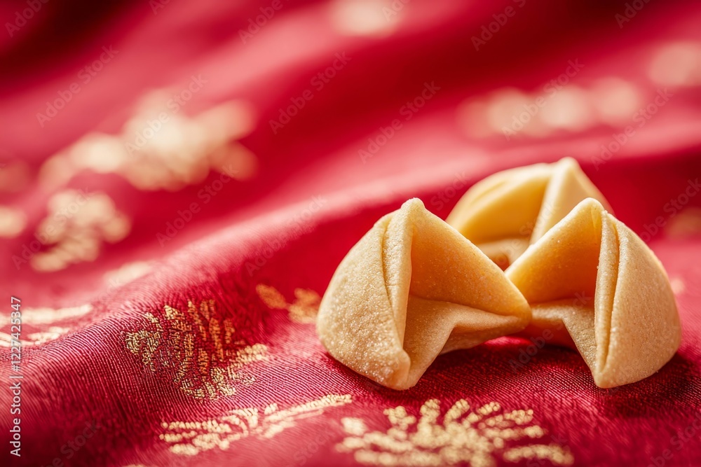 Close up of fortune cookies with red decorative background. Close up of fortune cookies with red decorative background.