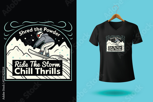 Winter sports t shirt design vector illustration, Snowboarder is having fun riding down a snowy mountainside in a cool, vintage style illustration. This design is perfect for winter sports enthusiasts