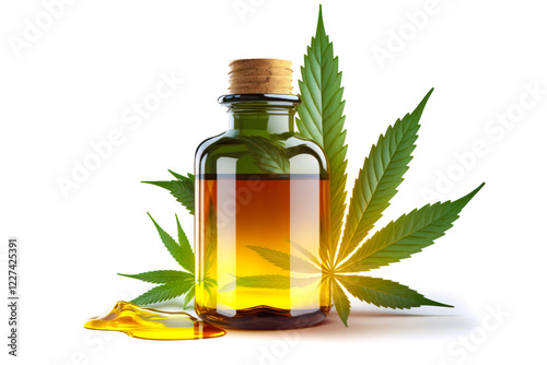 Hemp oil bottle and cannabis leaf isolated on white background. Healthy cannabis oil. Generative AI photo