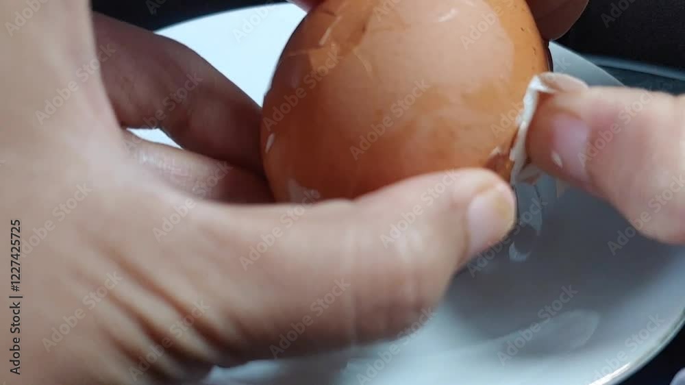 Female hands peeling boiled eggs over a white plate