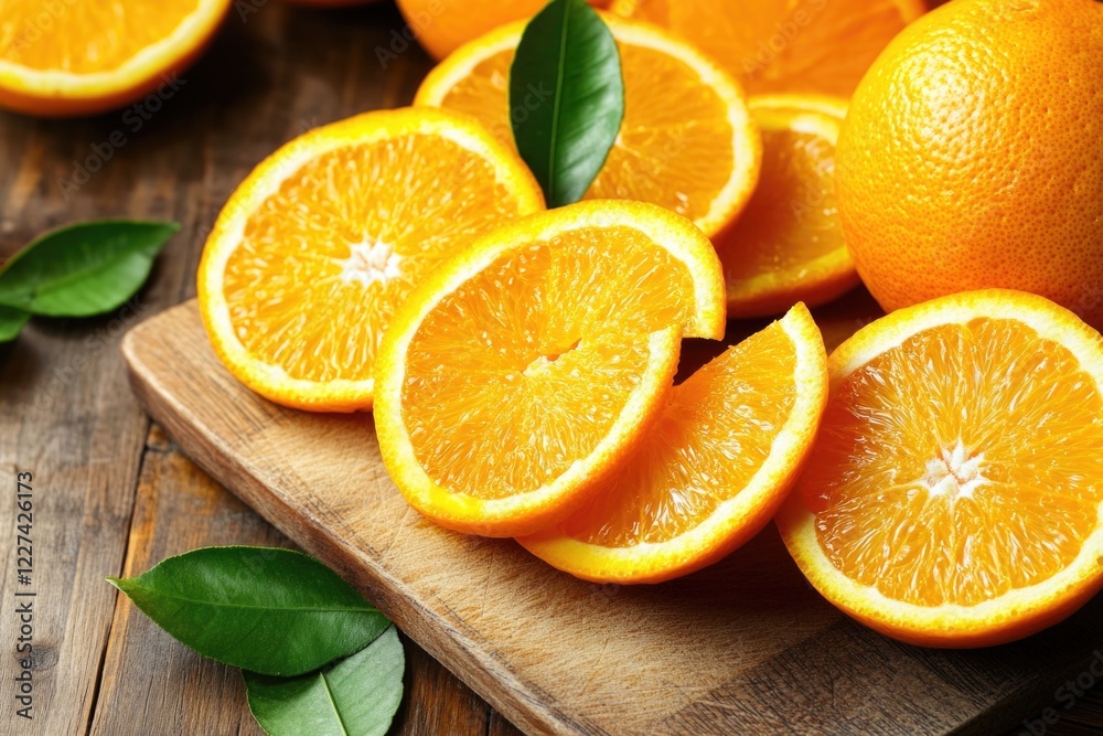 Sliced Oranges on Wooden Cutting Board Sliced Oranges on Wooden Cutting Board