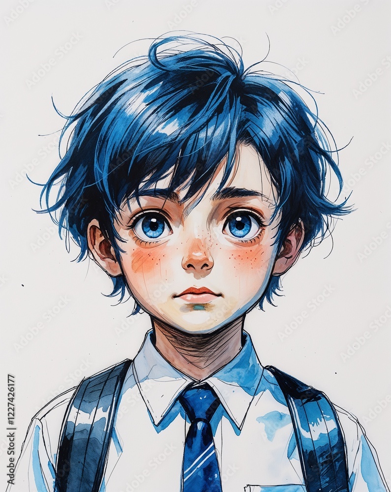child male curious messy dark blue hair school uniform watercolor anime style illustration on plain white background child male curious messy dark blue hair school uniform watercolor anime style illustration on plain white background
