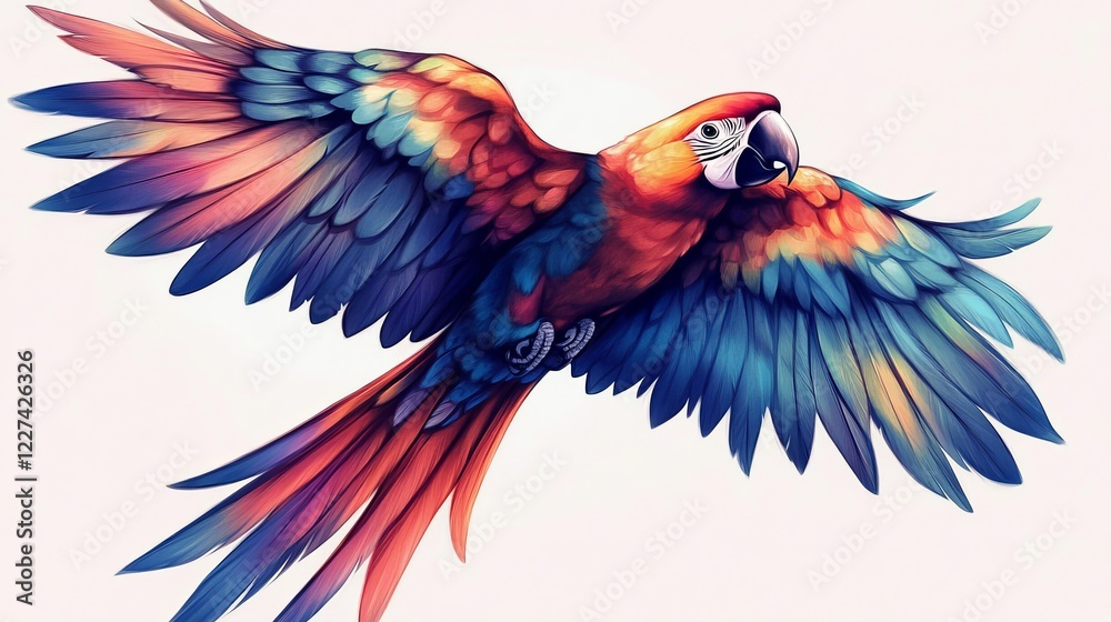 Obraz premium Witness nature's brilliance through the vibrant hues of this flying parrot illustration.