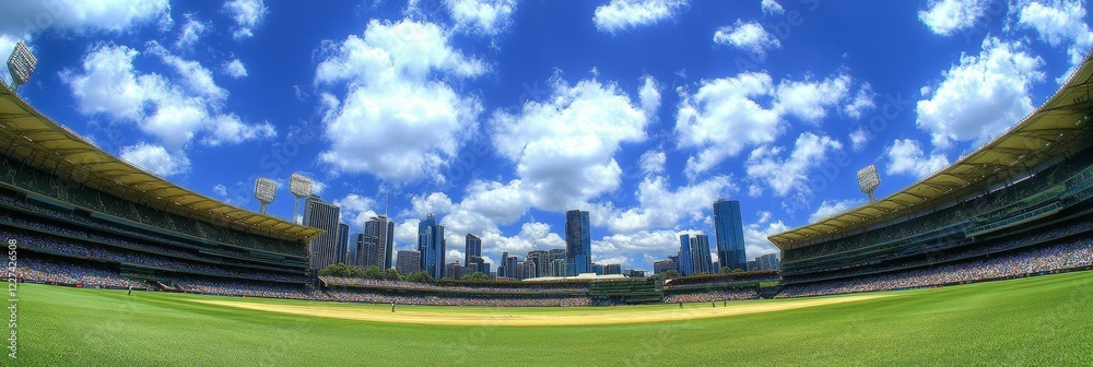Obraz premium Panoramic View of a Sports Stadium Under a Blue Sky with Clouds in Melbourne, Australia.
