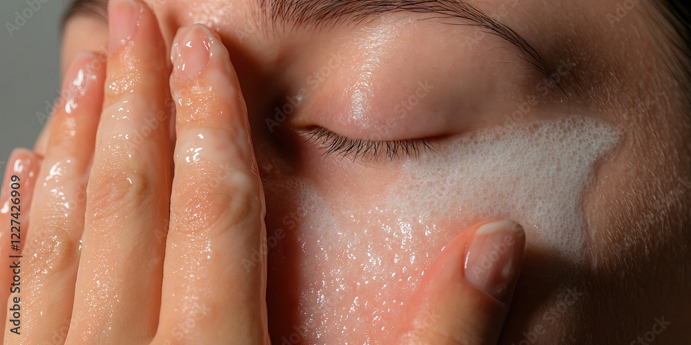 Fototapeta premium Close-up of Face with Foaming Cleanser Application