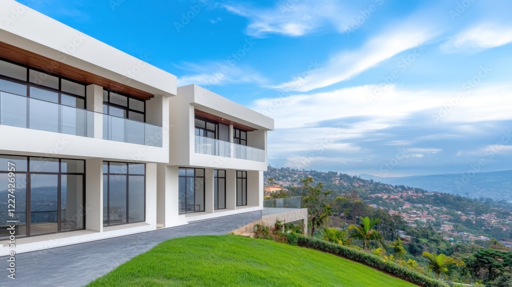 A luxury hilltop hotel with a sleek design, offering panoramic views of the surrounding valleys A luxury hilltop hotel with a sleek design, offering panoramic views of the surrounding valleys