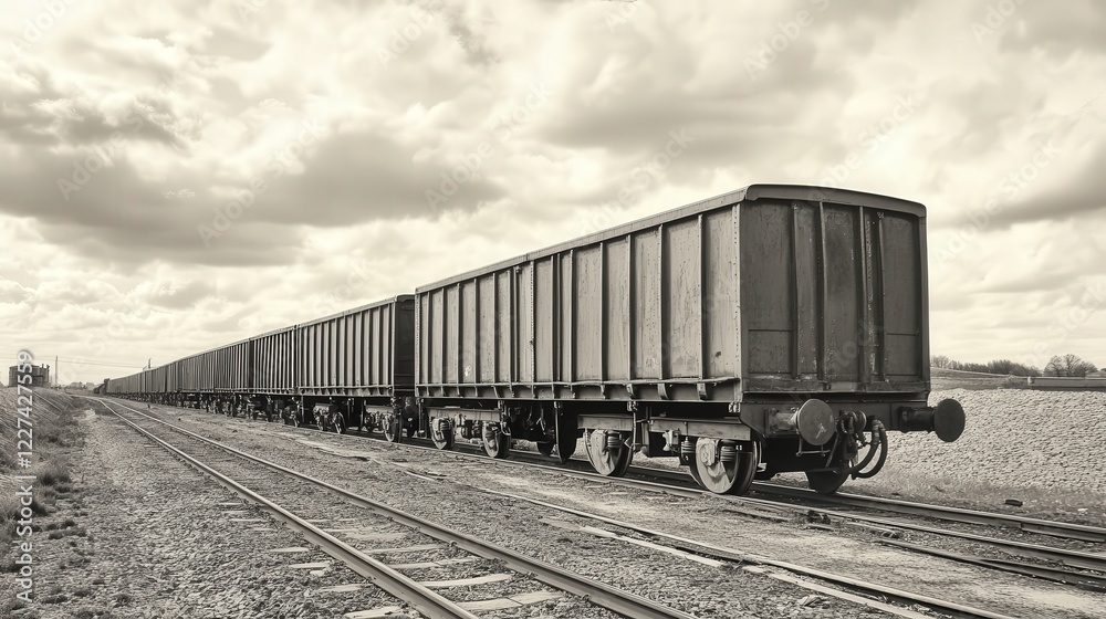 Obraz premium train carriages on an industrial track, their utilitarian design framed by bold shadows and gritty textures