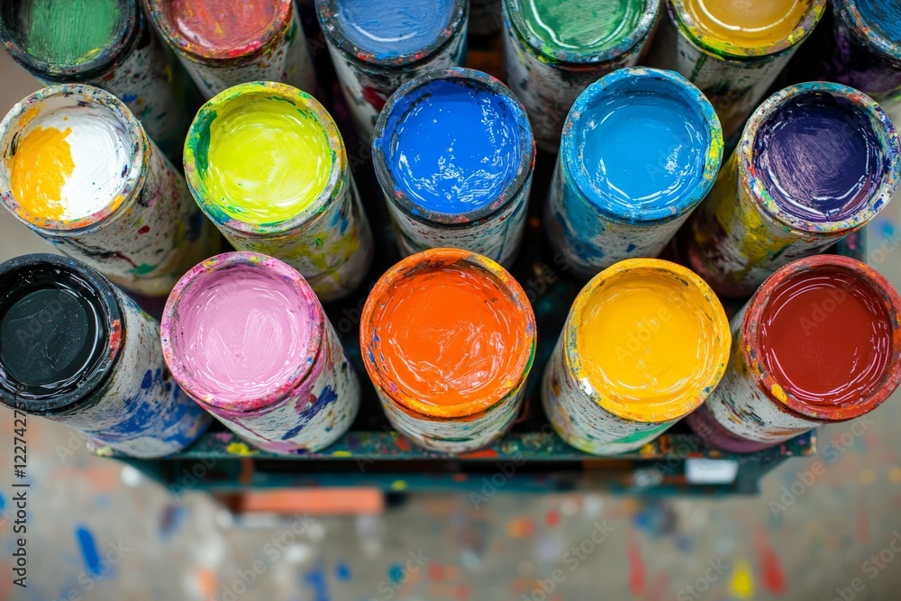 Colorful paint cans arranged on a shelf in a creative workspace showcasing vibrant hues and artistic potential Colorful paint cans arranged on a shelf in a creative workspace showcasing vibrant hues and artistic potential