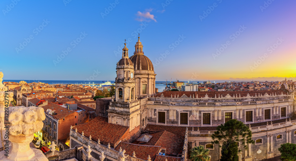 Catania, Italy with the Duomo towers at dusk in Sicily Catania, Italy with the Duomo towers at dusk in Sicily