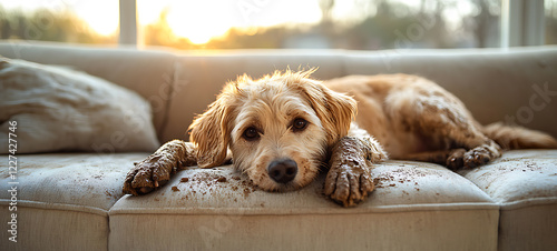 muddy dog lying on clean light sofa with dirty paws. pets and home cleaning, messy couch, playful dog, housekeeping challenges, pet friendly furniture care. Furniture couch cleaning