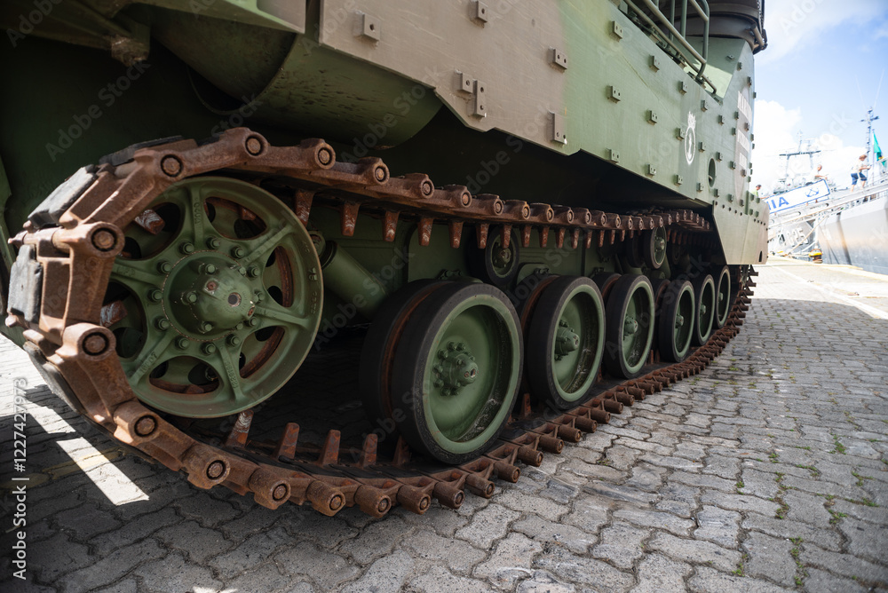 View of a Navy tank on display at the port of the city of Salvador, Brazil. View of a Navy tank on display at the port of the city of Salvador, Brazil.
