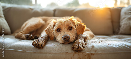 muddy dog lying on clean light sofa with dirty paws. pets and home cleaning, messy couch, playful dog, housekeeping challenges, pet friendly furniture care. Furniture couch cleaning