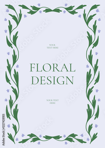 Floral Frame with Green Leaves and Purple Flowers Decorative Border Elegant Template for Wedding Invitation Poster Card Vector Illustration.