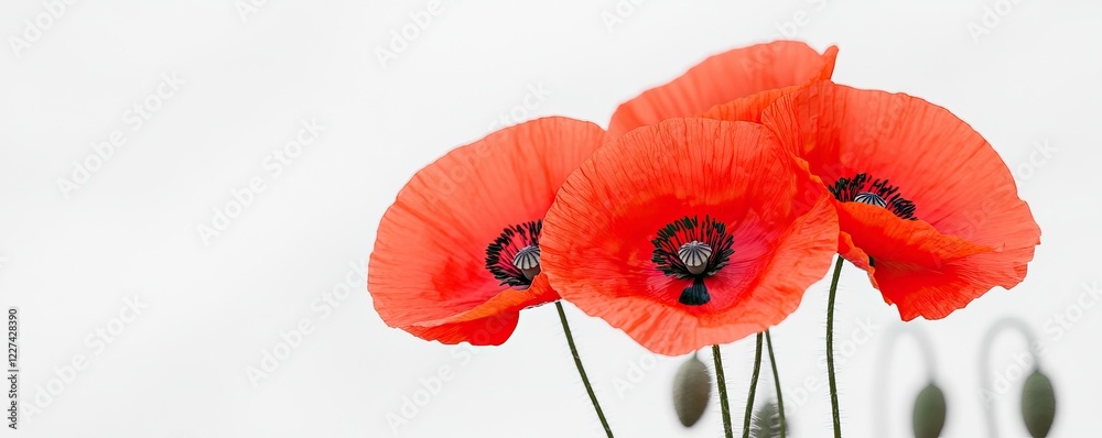 Obraz premium A trio of vibrant red poppies stands gracefully against a soft, light background, showcasing their delicate petals and contrasting dark centers.