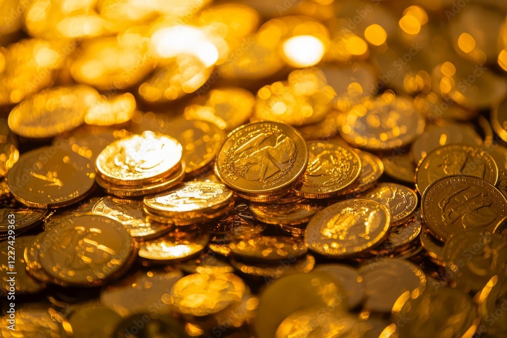 Golden ingots and coins displayed as symbols of fortune. Golden ingots and coins displayed as symbols of fortune.