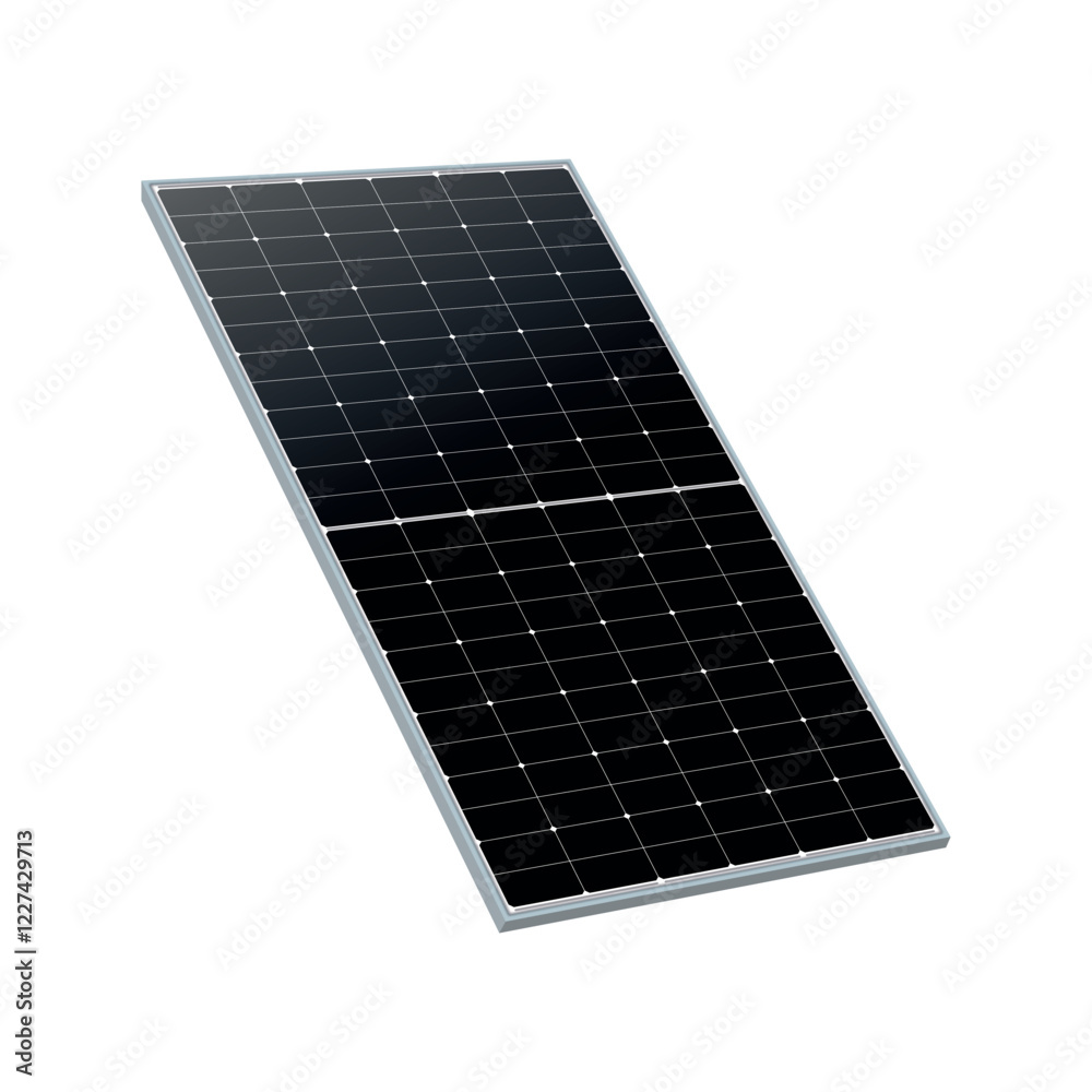 A sleek solar panel with a grid of efficient photovoltaic cells in a rectangular frame isolated on white background. Ideal for showcasing clean energy technology and sustainable power solutions. A sleek solar panel with a grid of efficient photovoltaic cells in a rectangular frame isolated on white background. Ideal for showcasing clean energy technology and sustainable power solutions.