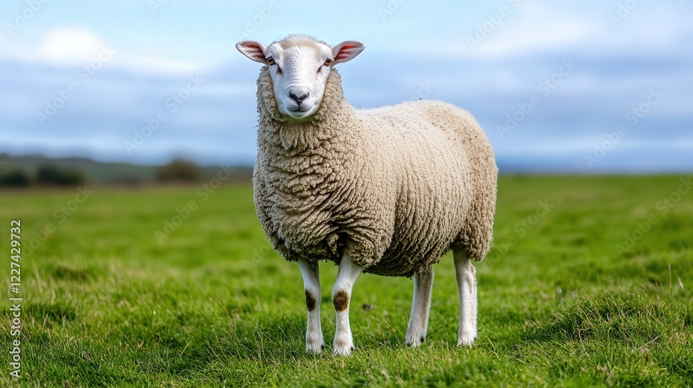 a lone sheep in the middle of a green field, with the blue sky and vast meadow around it creating a feeling of serenity and solitude a lone sheep in the middle of a green field, with the blue sky and vast meadow around it creating a feeling of serenity and solitude