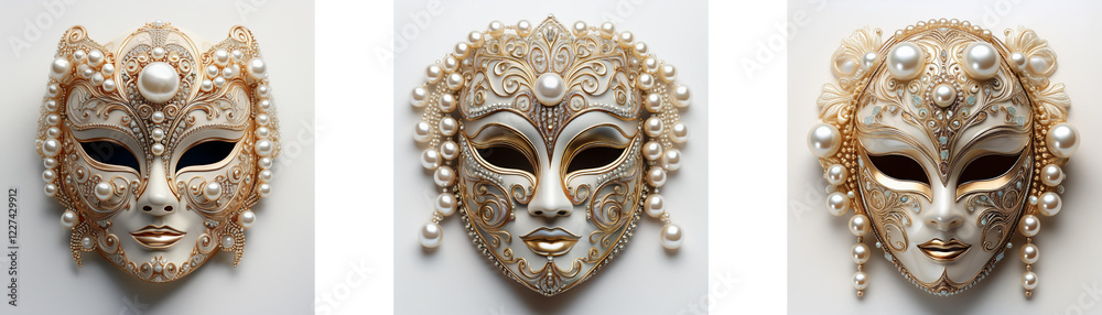 Three elegant, ornate Venetian-style masks, crafted from a light-colored material, exhibit intricate detailing and a serene expression. Three elegant, ornate Venetian-style masks, crafted from a light-colored material, exhibit intricate detailing and a serene expression.