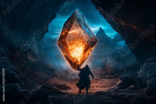 A fantastical depiction of a glowing crystal floating above a magical pedestal in a dark cave, with a hero reaching out to it, symbolizing a crucial turning point in a quest photo