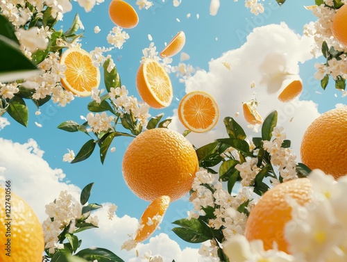 Artistic Portrayal of Oranges Bobbing Among White Blossoms Under Blue Sky