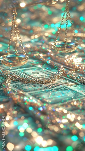 Scales balancing over stacks of glittering cash bills