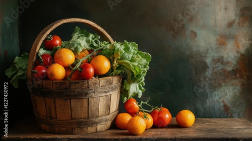 A wooden basket overflowing with fresh produce, including vibrant oranges, tomatoes, and lettuce, sitting on a rustic kitchen table.