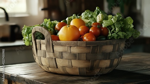 A wooden basket overflowing with fresh produce, including vibrant oranges, tomatoes, and lettuce, sitting on a rustic kitchen table.