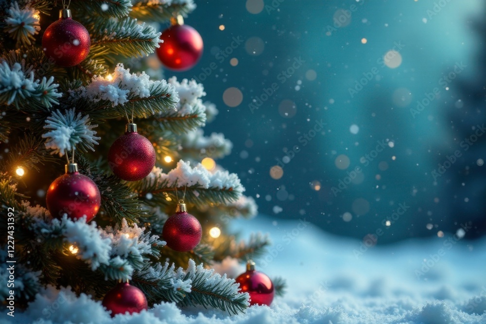Snowy Christmas tree with ornaments and garland, Christmas decorations, festive atmosphere Snowy Christmas tree with ornaments and garland, Christmas decorations, festive atmosphere