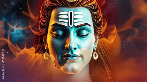 Digital art of Lord Shiva's face against a nebula background, evoking a spiritual and cosmic atmosphere. Suitable for religious and spiritual use.